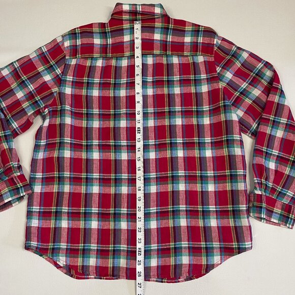 Lauren Ralph Lauren Shirt Women Sz Large 100% Linen Red Plaid Button Up Roll Tab - Picture 13 of 16